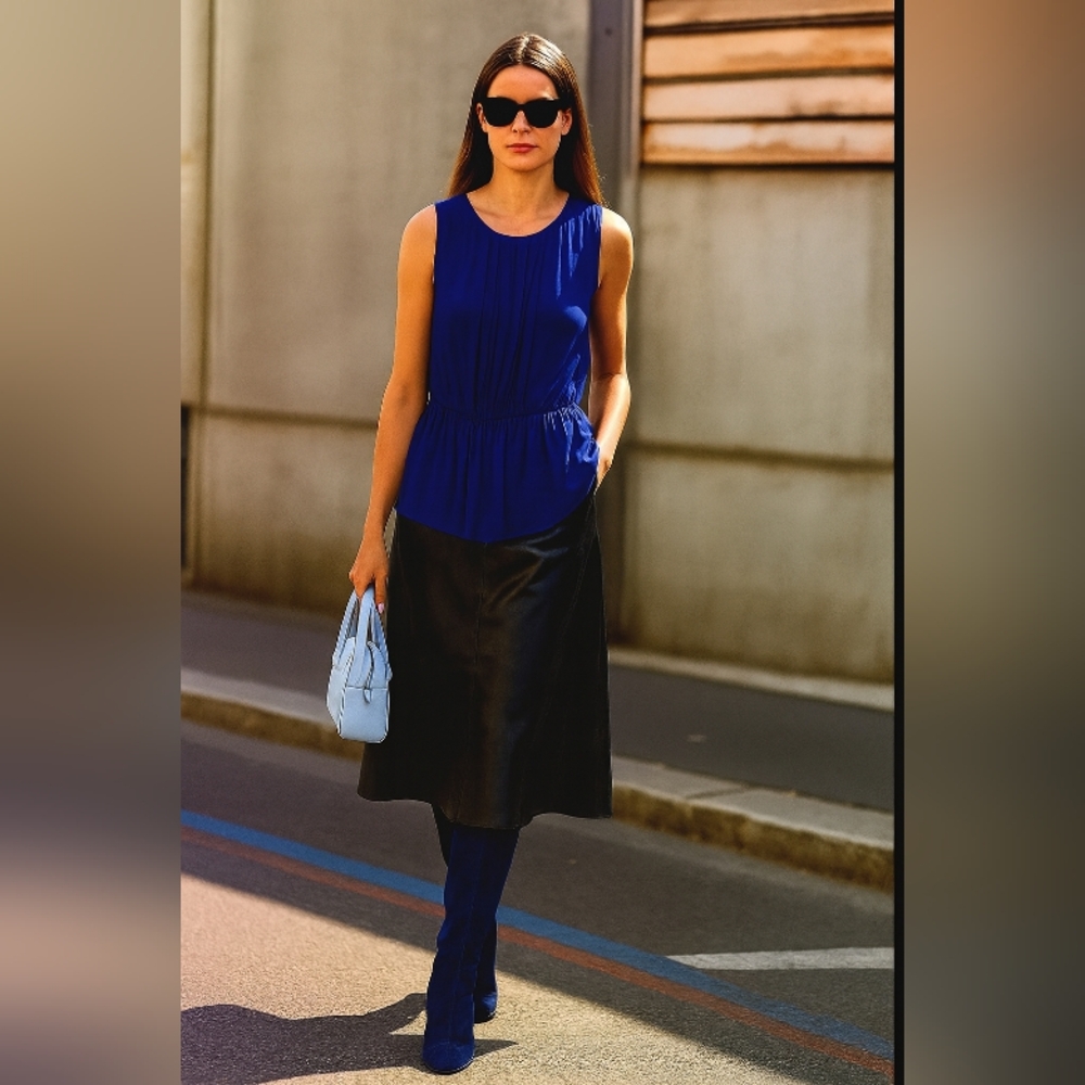 BIANCA Nygard🦋 Rare Blue Rayon Sleeveless Blouse with Unique Long Pleated Tie